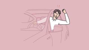 Angry man sitting in car screaming in traffic on street. Furious male driver shout and yell in automobile. Accident on road. Motion, illustration. video
