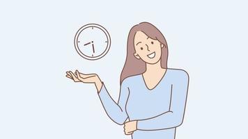 femme souriante montrant à l'horloge satisfaite de la gestion du temps sur le lieu de travail. heureuse employée bonne à l'organisation du temps. mouvement, illustration. video