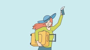 mujer feliz con maleta y billete de avión emocionada por las vacaciones. turista sonriente con equipaje en el aeropuerto antes de las vacaciones de verano. movimiento, ilustración. video