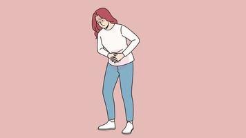 jovem insalubre toca barriga sofre de dor de estômago ou indigestão. luta feminina indisposta com dores menstruais ou pms. movimento, ilustração. video