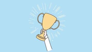 Closeup of businessperson holding golden cup celebrating win or victory. Person with award for work success. Achievement and acknowledgement. Illustration, motion. video