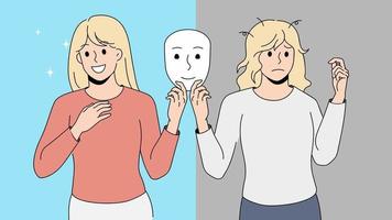 Frau mit Maske leidet unter Stimmungsschwankungen. glücklicher und unglücklicher weiblicher Kampf mit bipolarer Störung. psychische Gesundheitsfürsorge. Abbildung, Bewegung. video
