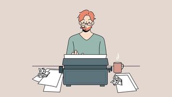 jovem escritor digitando na máquina de fumar cigarro. jornalista ou autor masculino trabalhando na máquina de escrever retrô. conceito de processo criativo. ilustração de movimento. video