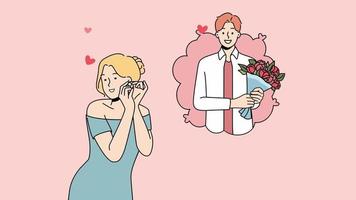 mujer soñando con un hombre que presenta un ramo. hermosa mujer joven imagina que el amante masculino sorprende con flores. relaciones y amor. ilustración de movimiento video