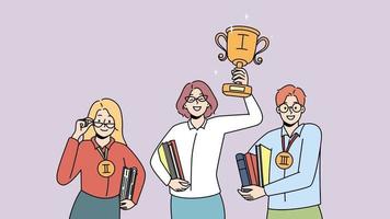 Happy successful businesspeople with prizes celebrate win or victory. Smiling motivated employees feel triumphant with awards. Motion illustration. video