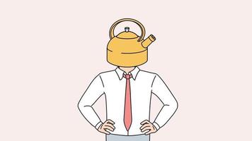 Businessman with kettle as head suffer from work burnout. Male employee struggle with overwork in office. Illustration, motion. video