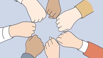 diversas pessoas juntam os punhos para mostrar o trabalho em equipe e a unidade. empresários ou colegas demonstram objetivo e respeito compartilhados. cooperação. movimento, ilustração. video