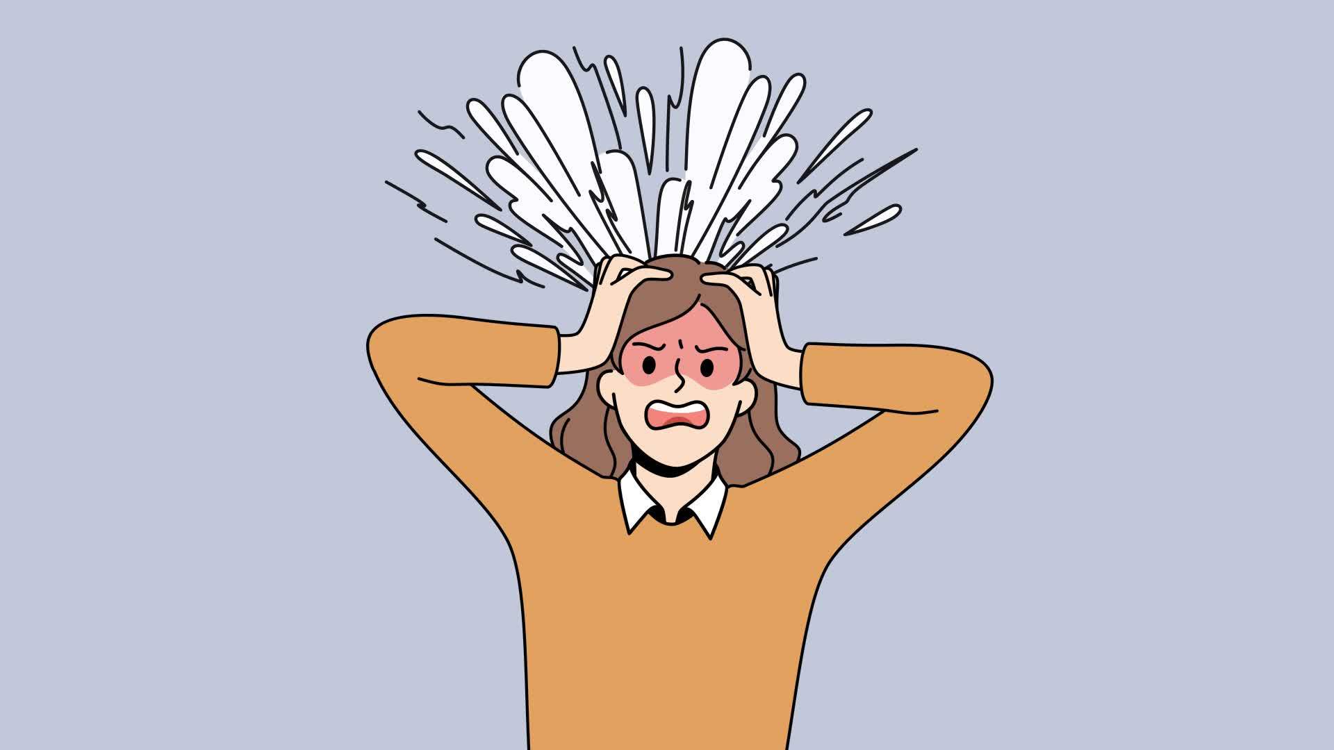 Unhappy woman holding head in hands suffer from migraine or headache