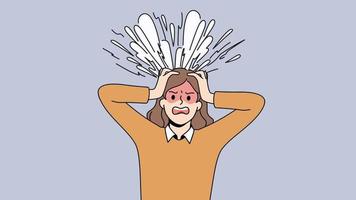 Unhappy woman holding head in hands suffer from migraine or headache. Unwell female struggle with dizziness. Healthcare concept. Motion, illustration. video