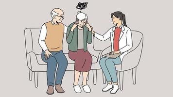 médica ajudando velha insalubre com perda de memória no hospital. terapeuta ajuda avó idosa com demência ou doença de alzheimer. ilustração de movimento. video