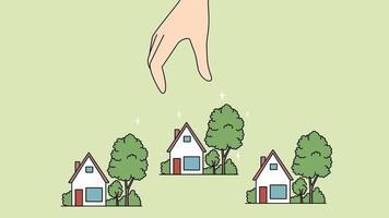 fastighetsmäklare eller mäklare sätta små hus miniatyrer. verklig egendom ombud arbetssätt med hem maquetter för klient representation. hyra och fast egendom. rörelse illustration. video