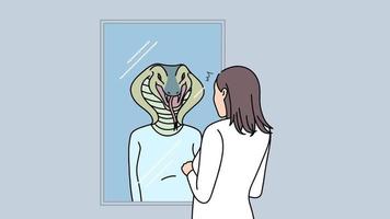 Woman looking in mirror seeing snake. Female character worried about true self or inner nature. Mental problem concept. Illustration, motion.