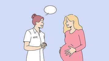 medico parlando per incinta donna nel clinica. infermiera o ginecologo consultare futuro madre per essere nel Ospedale. gravidanza e maternità. movimento illustrazione. video