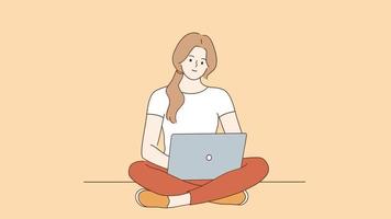 jovem navegando na internet no laptop em casa mostra o polegar para uma boa conexão. garota sorridente recomendo trabalho remoto de computador. movimento, ilustração. video