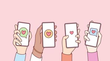 Diverse people holding cellphones with hearts showing likes and appreciation on social media. Friends with gadgets demonstrate support online. Motion, illustration. video