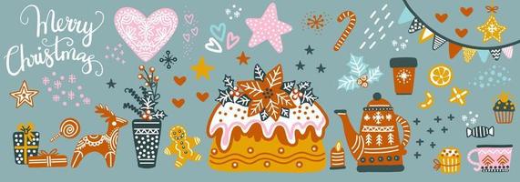 Christmas horizontal card with cake vector illustration