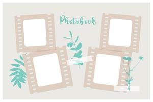 Photobook Frame for collage, film, photo frame, camomile print, plants herbarium. vector