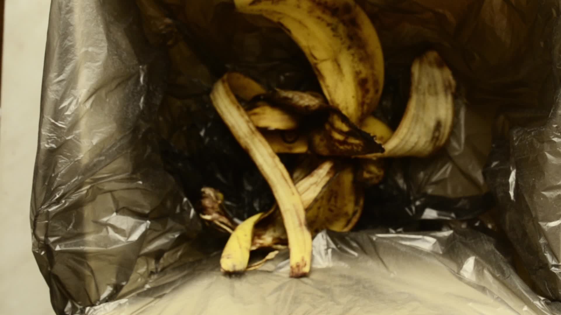 a man throws banana skins into garbage trash.Waste food concept