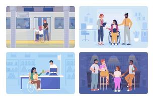 Social inclusion 2D vector isolated illustration set. Equal opportunities flat characters on cartoon background. Lifestyle colourful editable scenes collection for mobile, website, presentation