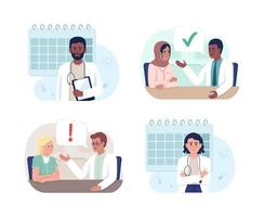 Regular doctor appointment 2D vector isolated illustrations set. Flat characters on cartoon background. Colorful editable scenes for mobile, website, presentation pack