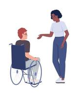 Lady offers help to disabled man semi flat color vector characters. Editable figures. Full body people on white. Support simple cartoon style illustration for web graphic design and animation