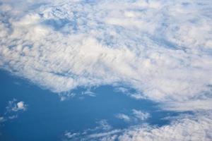 Aerial view of fluffy clouds. Top view of a beautiful cloudscape and blue sky photo