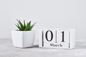 Wooden block calendar with date 1 march and plant on the table. Spring concept photo