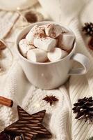 Hot chocolate with marshmallow and christmas decorations. Winter cozy home photo