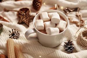 Hot chocolate with marshmallow and christmas decorations. Winter cozy home photo