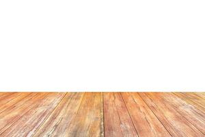 Empty wooden table top isolated on white background for product display photo