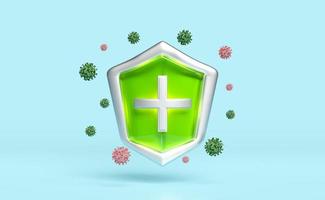 3d bacteria protection, icon for health protection green shield with cross, anti germ defence, health insurance, health protected metal shield symbol isolated on blue background. 3d render photo