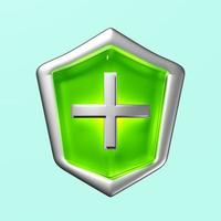 3d icon for health protection green shield with cross, bacteria protection, anti germ defence, health insurance, health protected metal shield symbol isolated on green background. 3d render photo