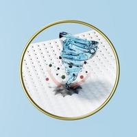 Show washing with a whirlpool, vortex, water rotating on the fabric fiber surface, 3d advertising illustration clean with washing powder, liquid detergent, 3d render, isolated on blue background photo