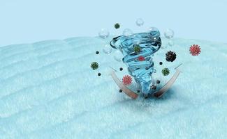 3d advertising illustration clean with washing powder, show washing with a whirlpool, vortex, water rotating on the fabric fiber surface,  liquid detergent, 3d render, isolated on blue background photo