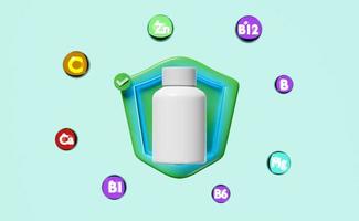 3d white pill bottle, protect your health with multivitamins, checkmark, shield icon, The vitamins your body needs concept, isolated on green background. 3d render illustration photo