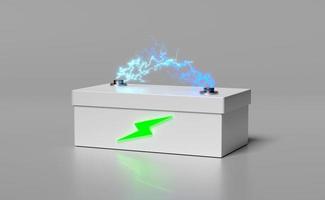 3d Battery charge indicator with thunder isolated on grey background. charging battery technology concept, 3d render illustration photo