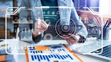 Financial report data of business operations balance sheet and income statement as Fintech concept. with VR i con photo
