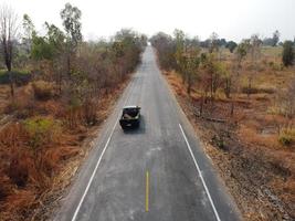 Arid yellow forest, The road in the forest was filled with trees blackened by forest fires. photo