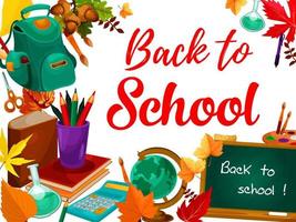 Back to school greeting card with student supplies vector