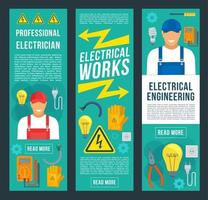 Electrician and electrical works banners vector