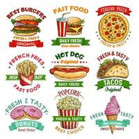 Fast food sketch emblem set with burger and drink vector