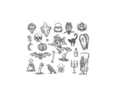 Halloween witch monsters vector sketch icons set
