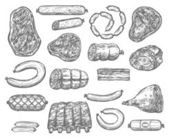 Vector sketch icons of meat products and sausages