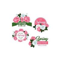 Vector spring time greeting quotes and flowers set