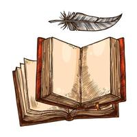 Open book and feather pen sketch with copy space vector