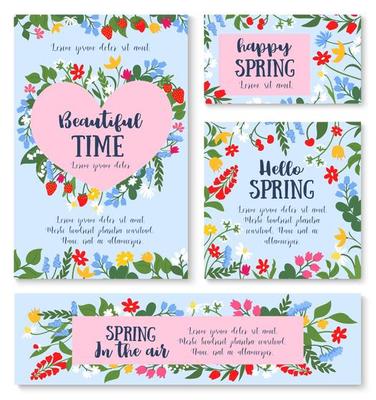 Hello spring poster template with flower and berry