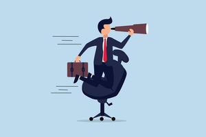 Career future, new job opportunity or visionary to success in work concept, businessman riding office chair using telescope to see future and the way forward. vector