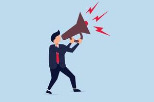 Business shout out, speaking out loud to communicate with co-worker or draw attention and announce promotion concept, confidence young businessman using megaphone speak out loud to be heard in public. vector