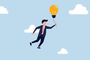 Big idea to solve business problem,  smart businessman manager holding light bulb floating balloon flying high in the sky. vector