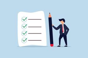 Checklist for work. confident businessman standing with pencil after completed all tasks checklist vector